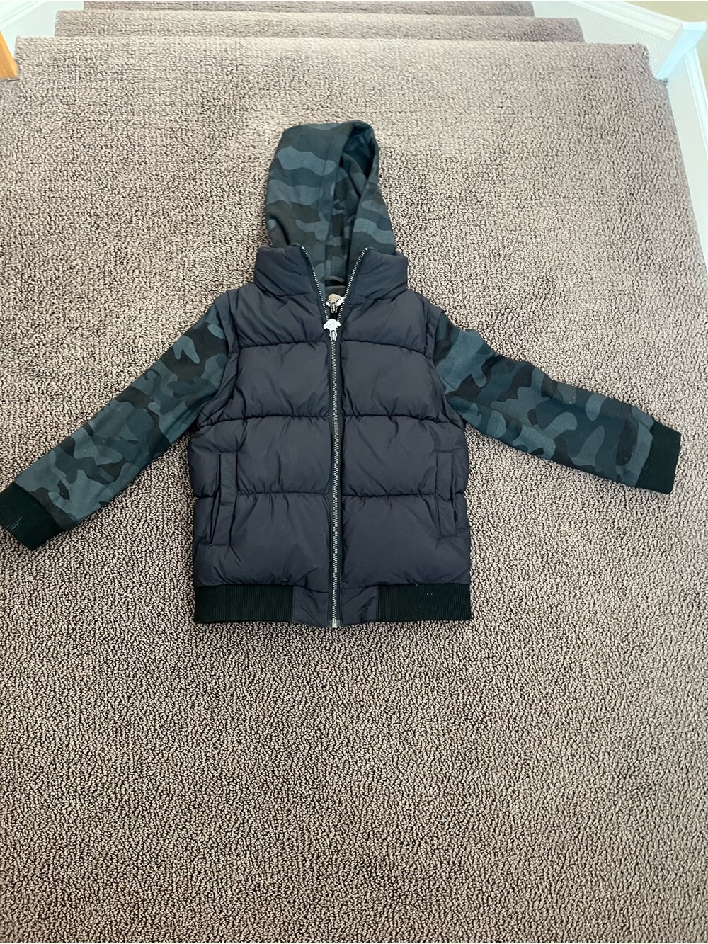Appaman Kids’ TurnStyle Black Camouflage Puffer Jacket with Hood, Size 7
